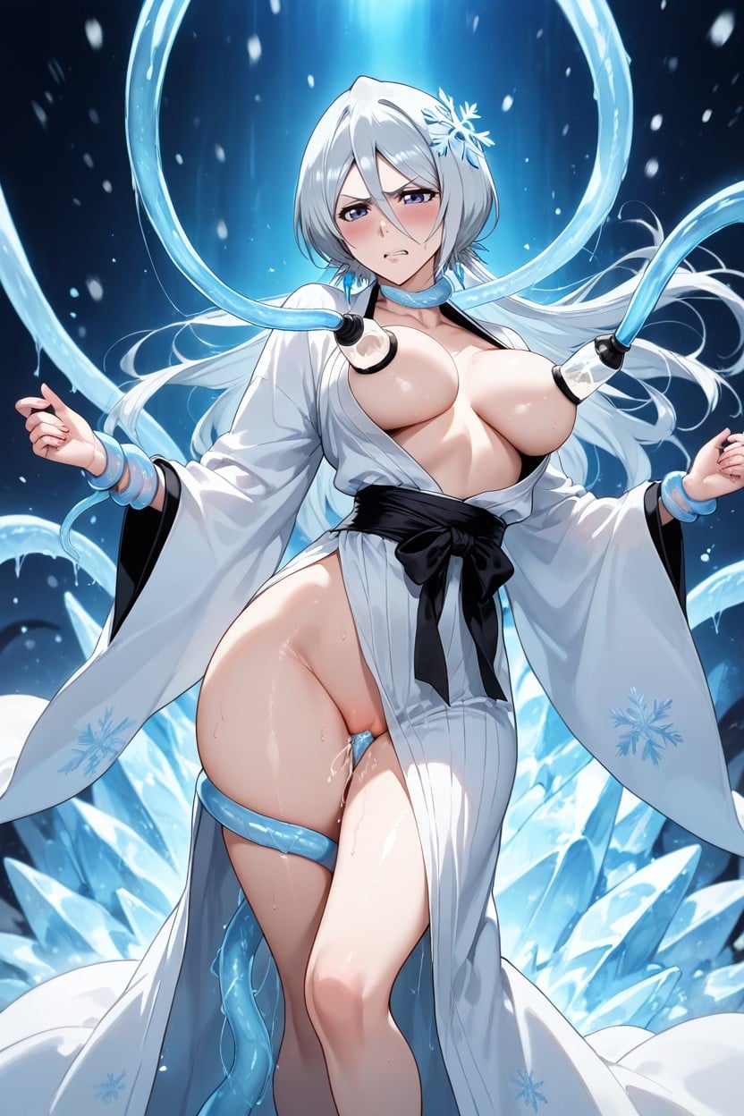 18+, Ethereal Frost Particles, White Flowing Kimono Hentai AI Porn