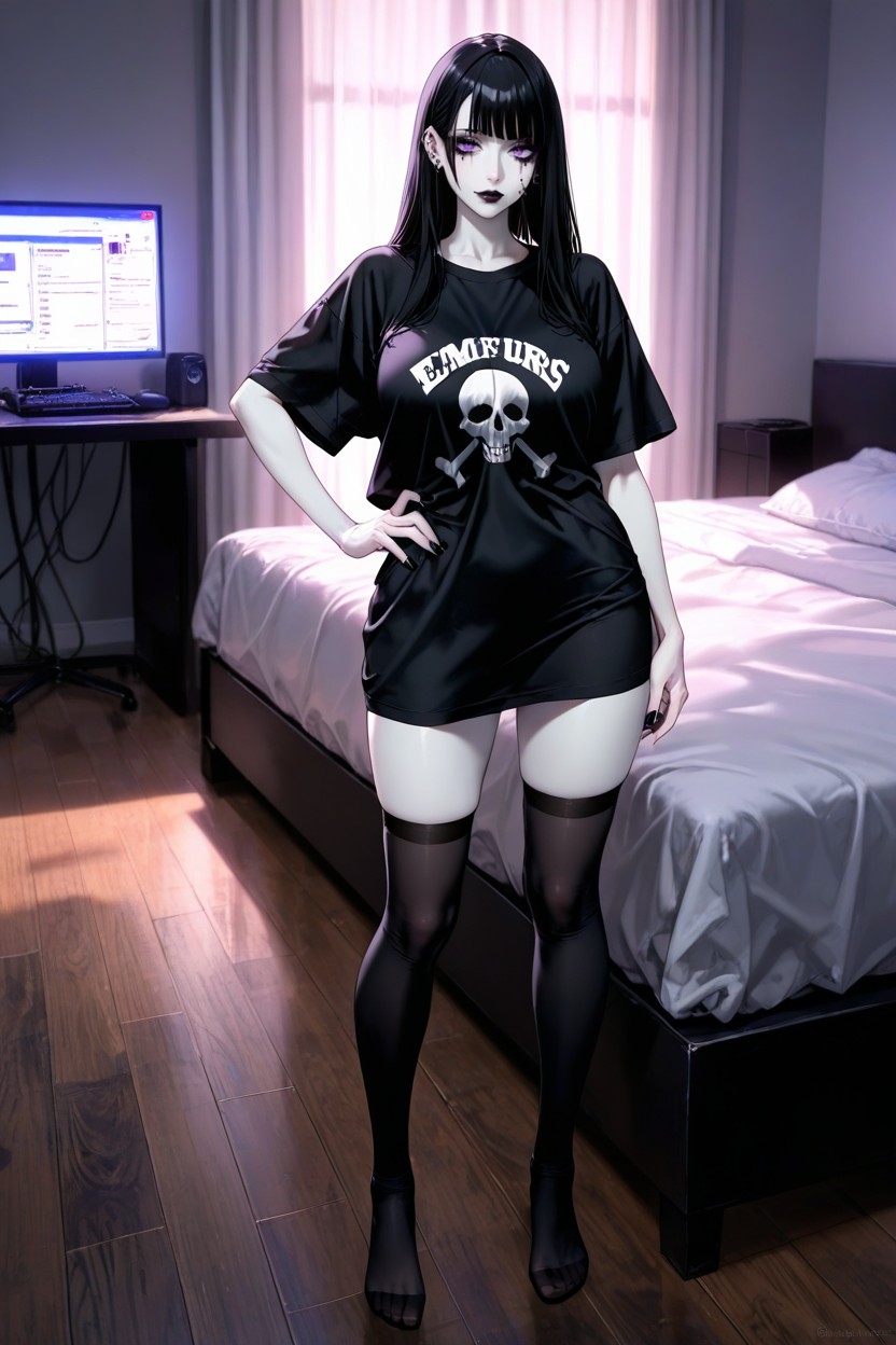 Multiple Facial Piercings, Wooden Floor, 18+ Hentai IA