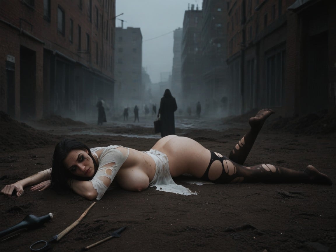 Brouillard, Horror The Woman Is With Mud And Fat Slightly Belly, Pleurer (pas Heureux) Porno IA