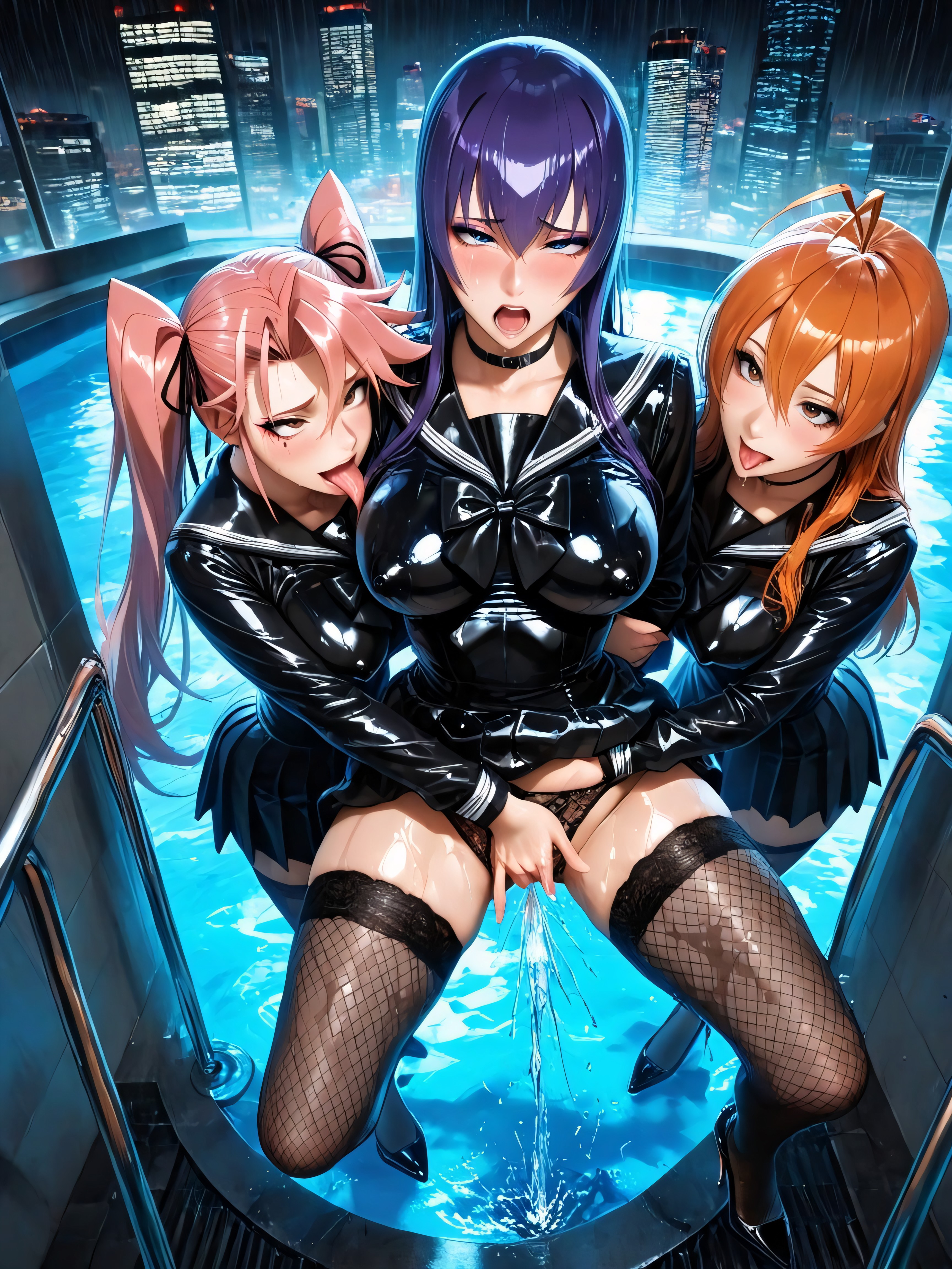 3 People, Innie Pussy, Miyamoto Rei Has Brown Eyes And Long Pink Hair With Hair Antenna Hentai AI Porn