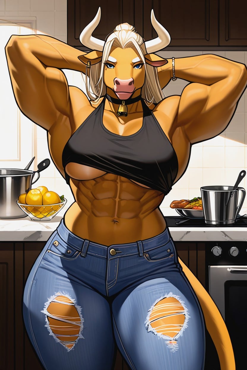 Natural Saggy Breasts, Ripped Muscles, Hypermuscular Furry IA