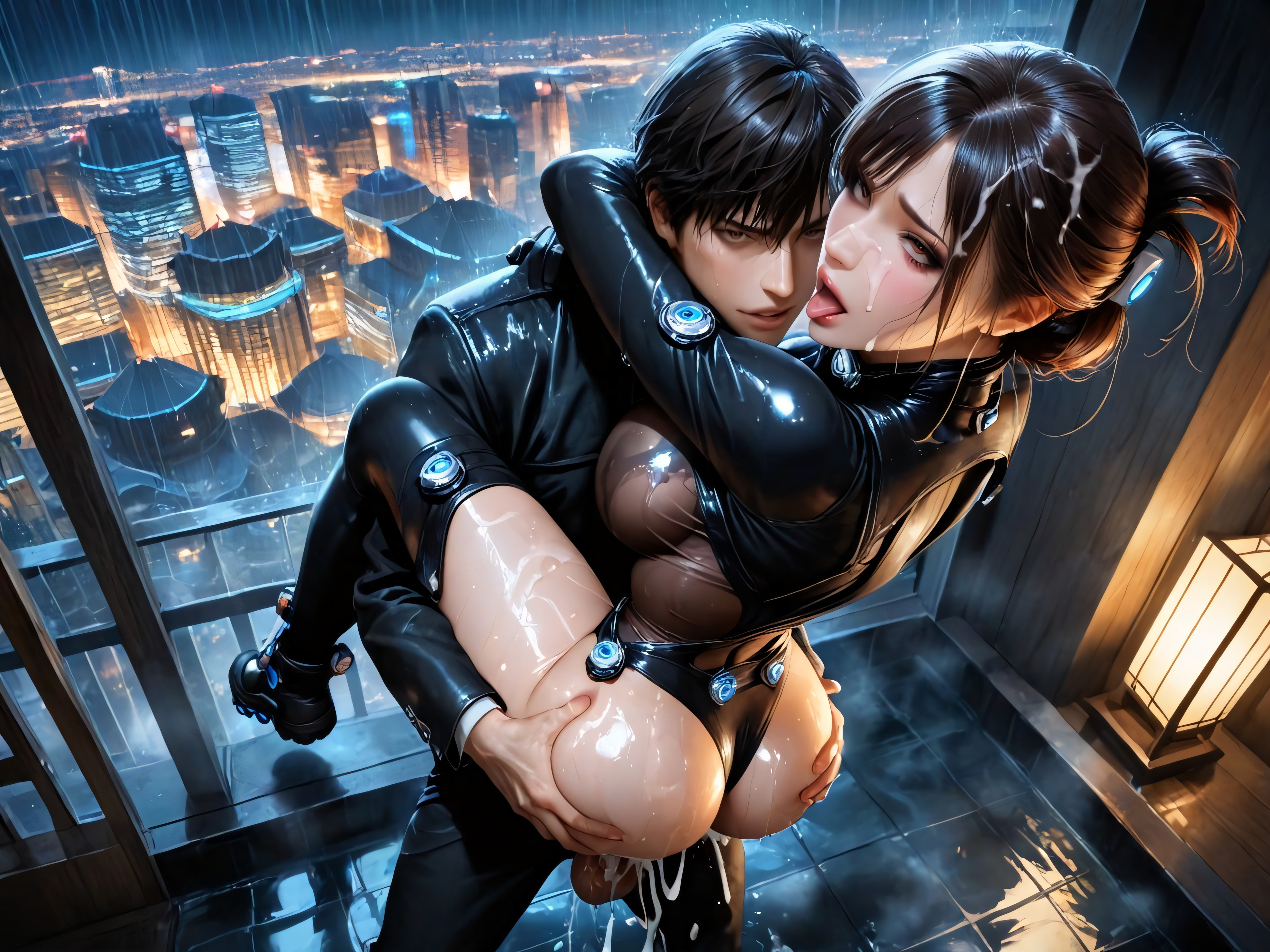 On Back, Wet Clothes, Shiny Seethrough Black Full Gantz Suit Hentai AI Porn