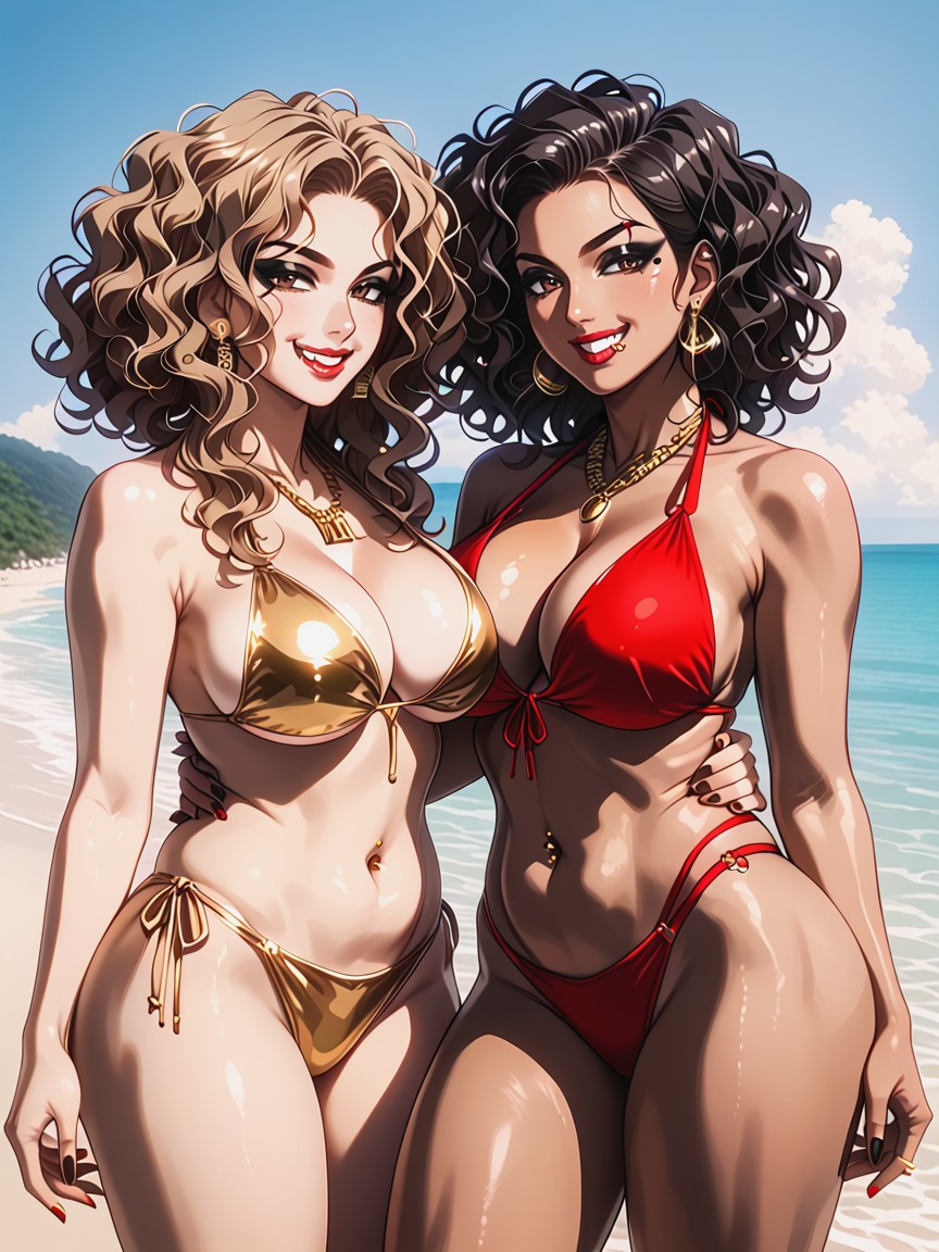 Brown Eyes, Gold Bikini, Beach Hentai AI Porn