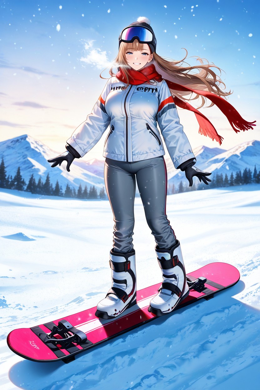 Both Feet Sideways On Top Of Large Snowboard, Skinny, Wispy Hair Bangs Hentai AI Porn