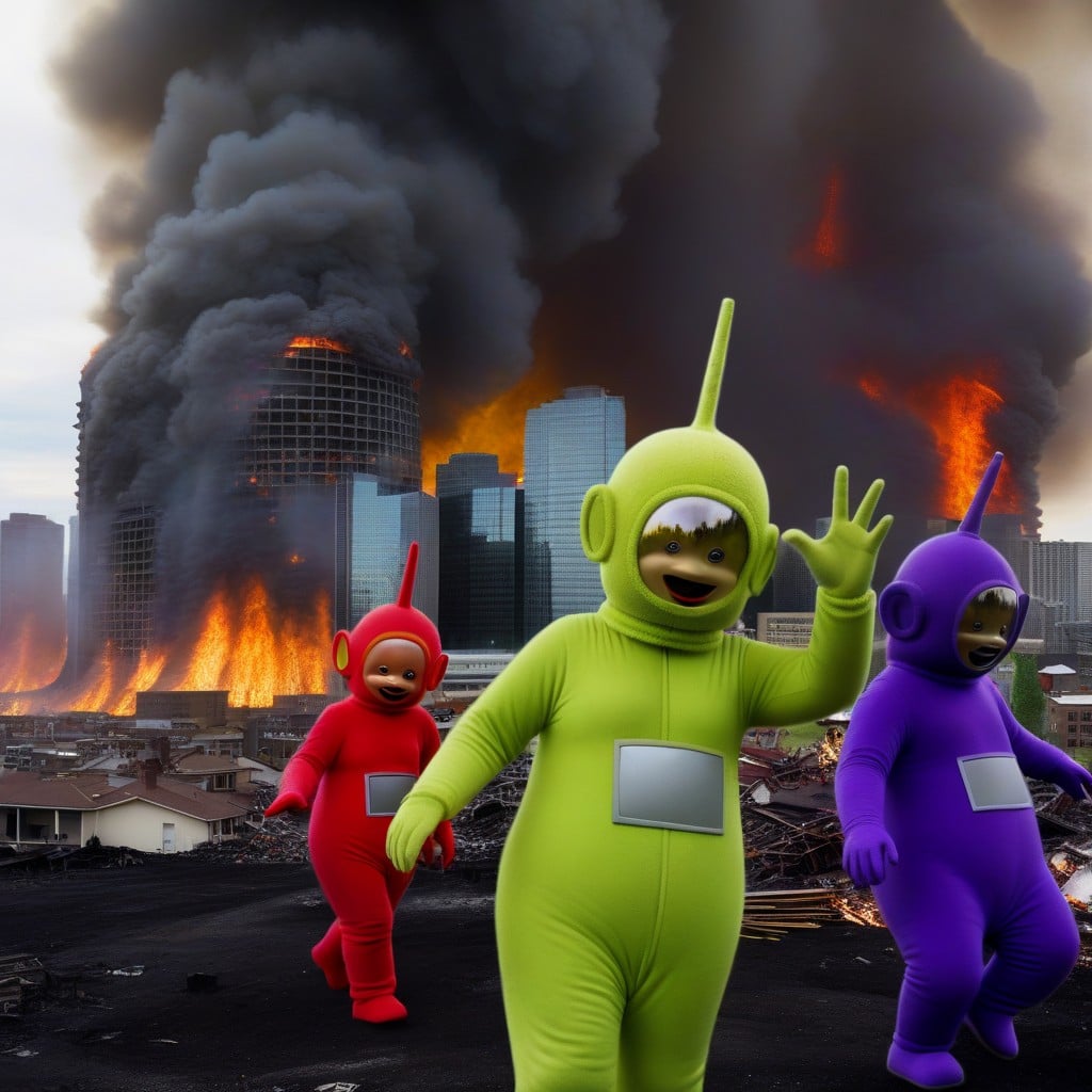 Original Teletubbies Art Style, Original Teletubbies, Burning City AI Porn