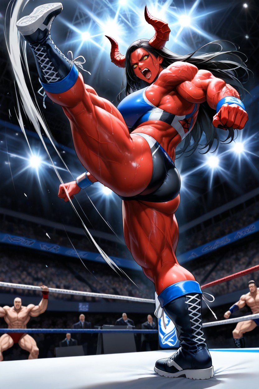 Red Skin, Large Hair Volume, Side View Hentai AI Porn