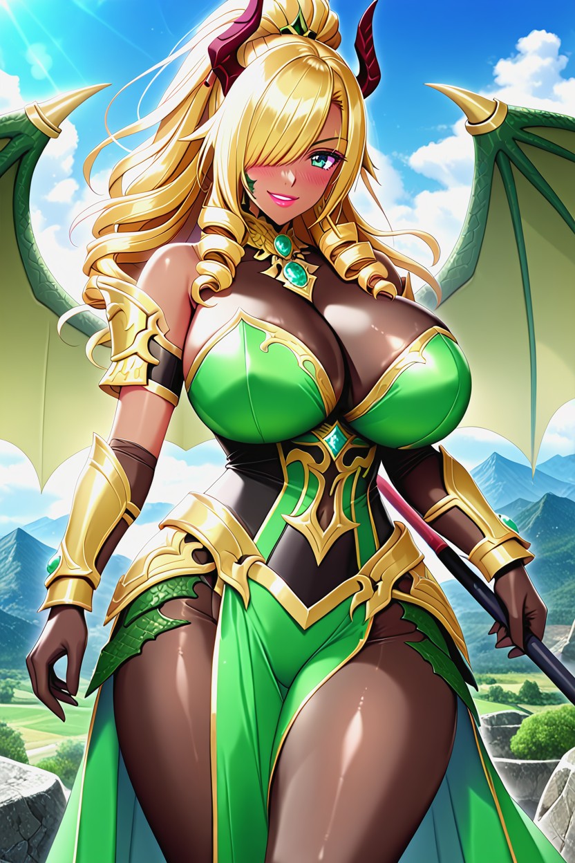 Emerald Green Scale Armor Gauntlets With Gold, Gigantic Perfect Boobs, Gold Fuffy Fur On Ankles Hentai AI Porn