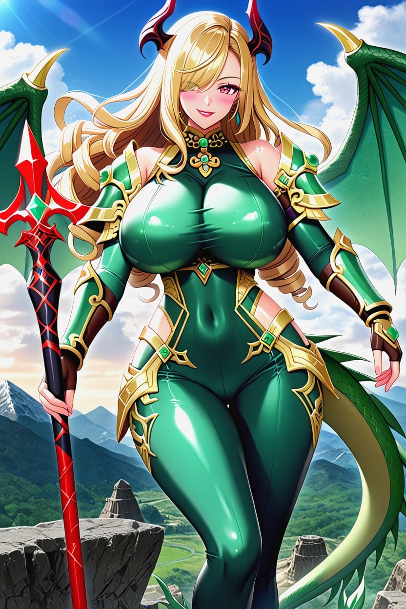 Drill Hair, Dark Brown Skin, Emerald Green Scale Thigh Armor With Gold Hentai AI Porn