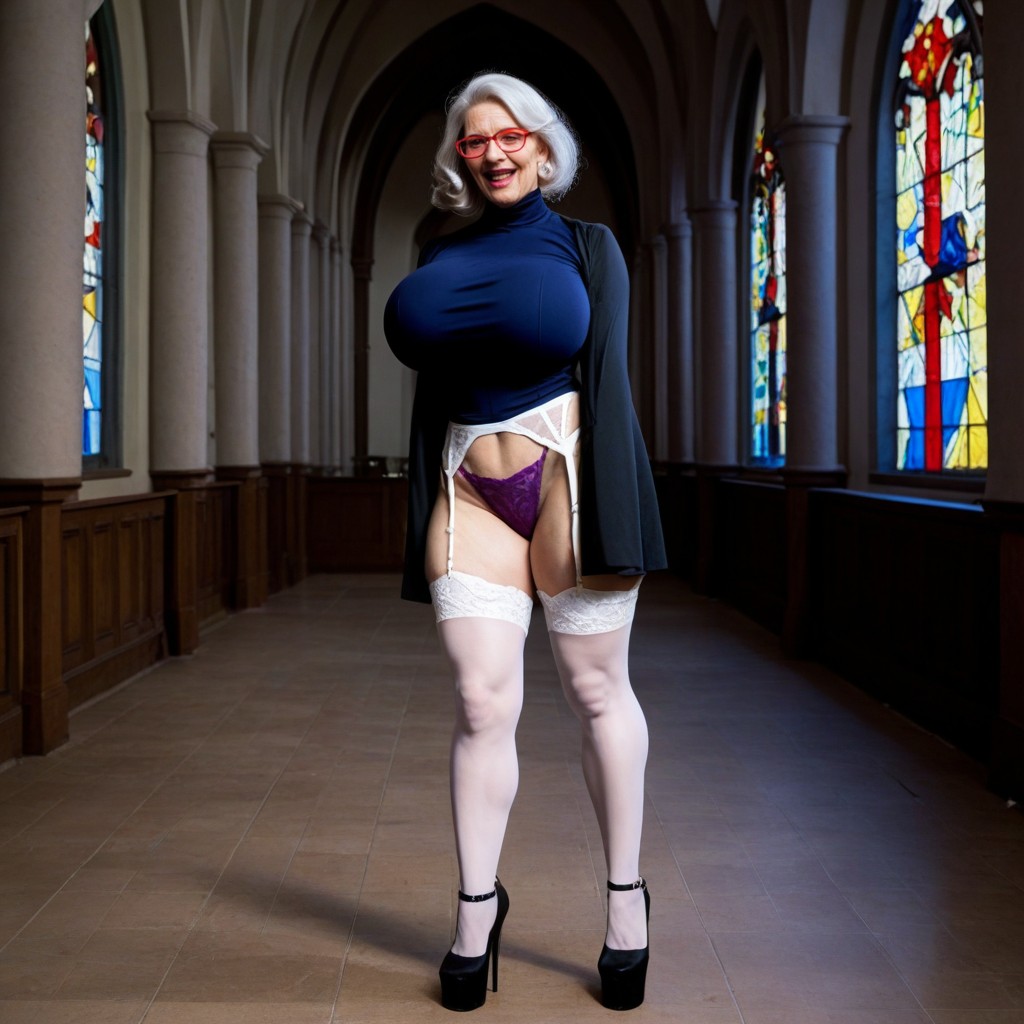Brown Fitted Jacket, Standing Inside Church With Colorful Stained Glass Windows, Thong AI Porn