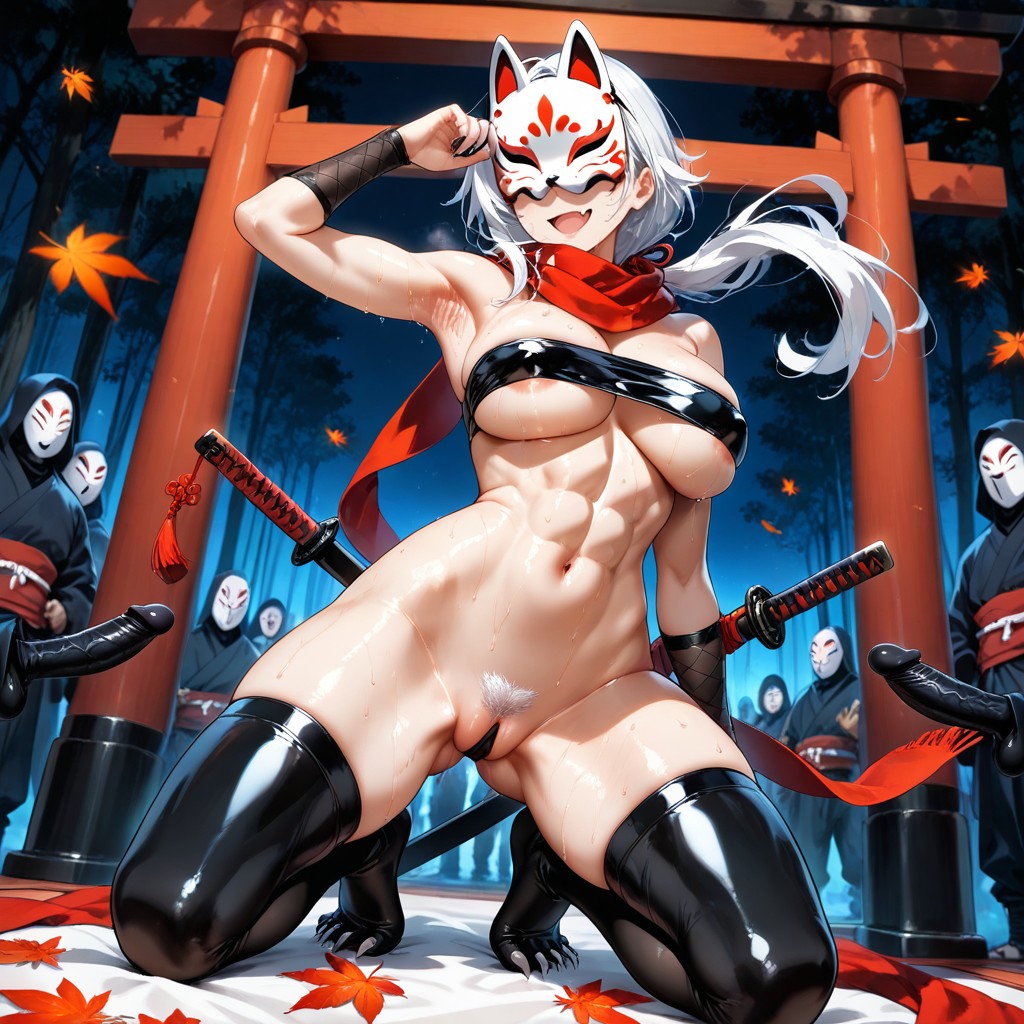 Black Latex Tube Top, Maple Leaf Hand Fan, Mischievous Smile Hentai AI Porn