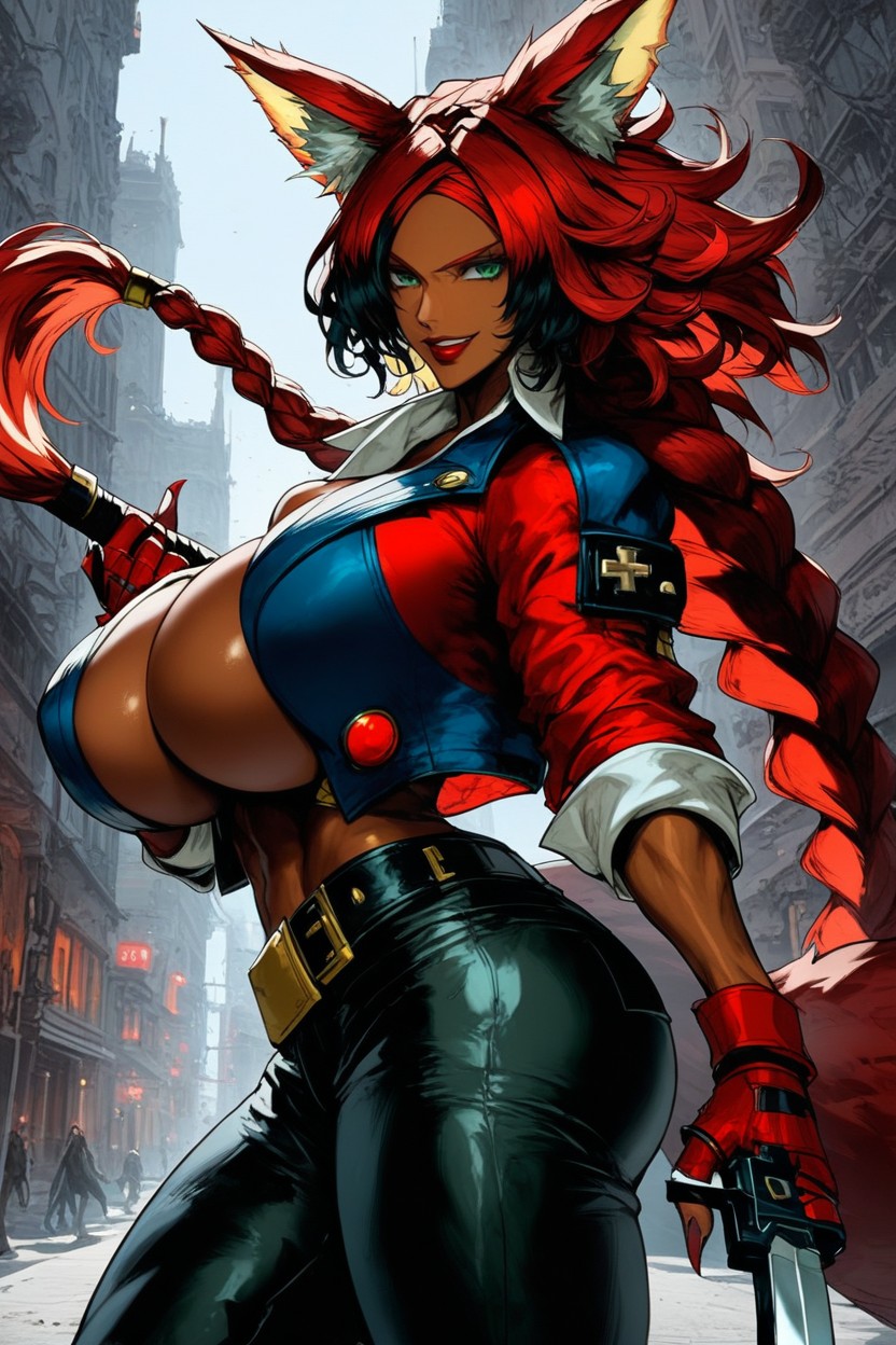 Dark Brown Skin, Hair Covering One Eye, Red Gauntlets With Sharp Claws Ebony AI Porn