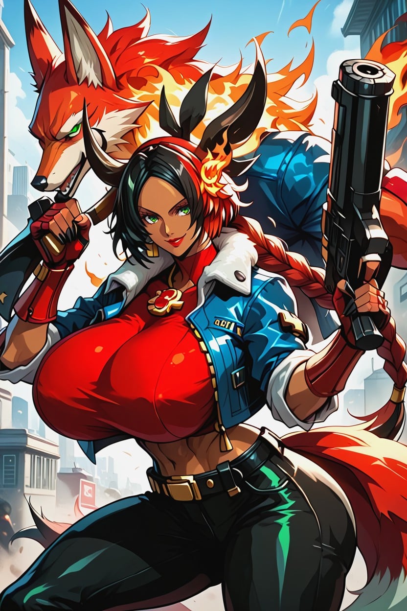 Huge Fluffy Scarlet Fox Tail, "giovanna From Guilty Gear Stive", Gigantic Perfect Boobs Ebony AI Porn