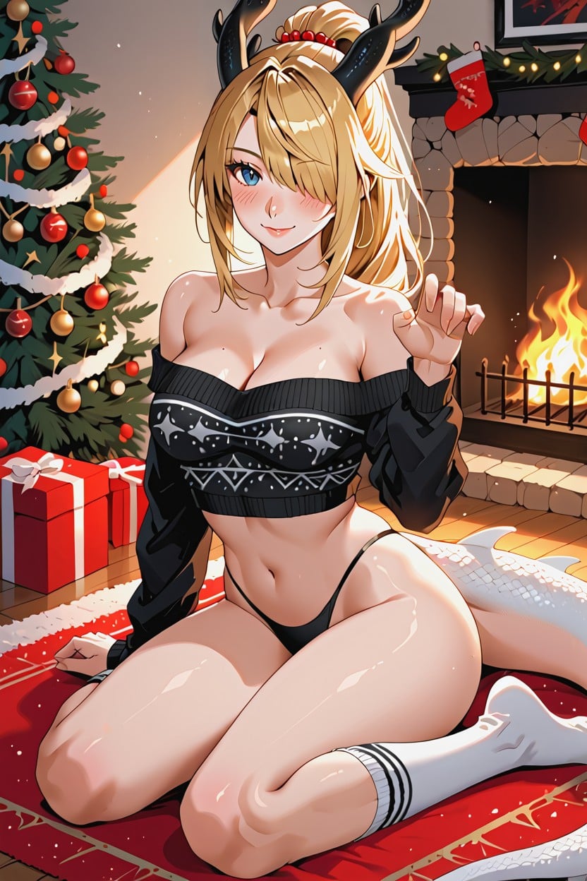 Transparent Loose Strapless Top, Hourglass Figure, Christmas Tree Background Furry AI Porn