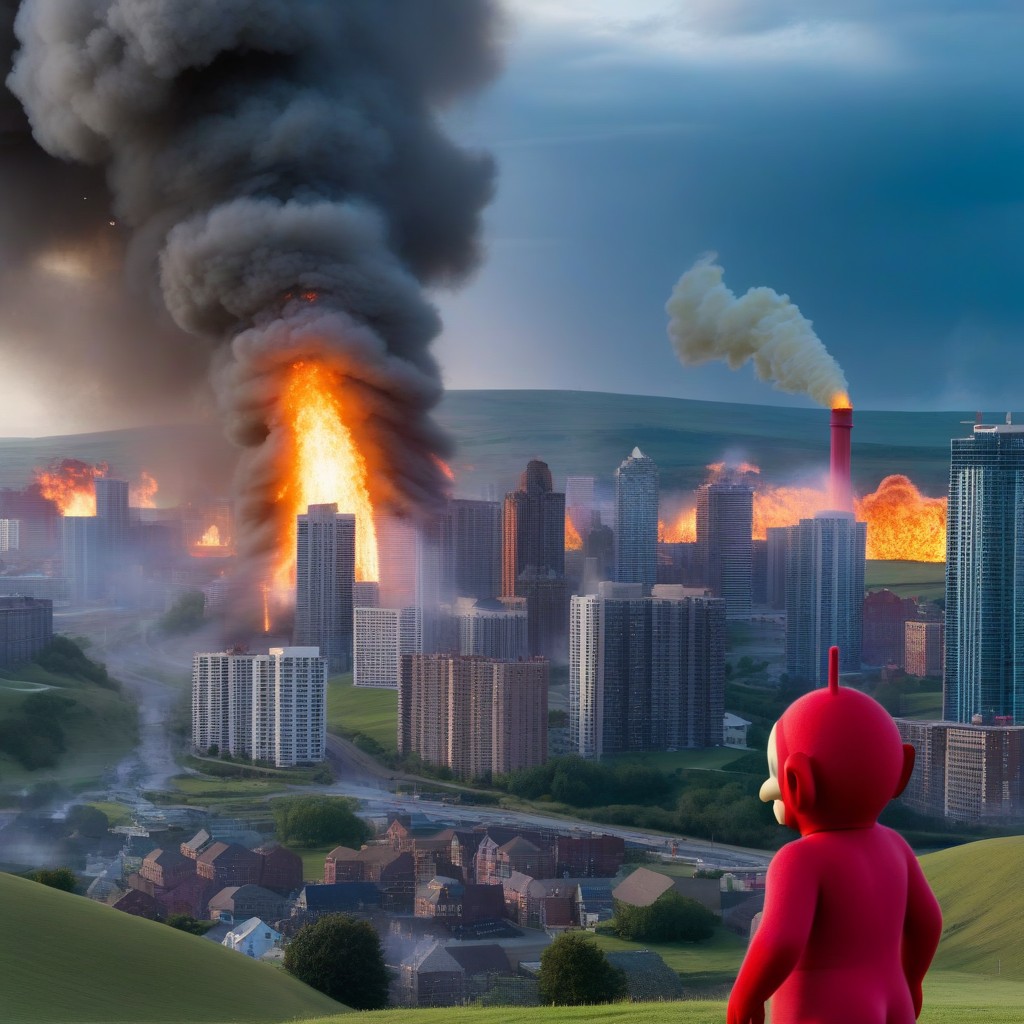 Giant Teletubbies Destroy City, Mayhem, City Scene AI Porn