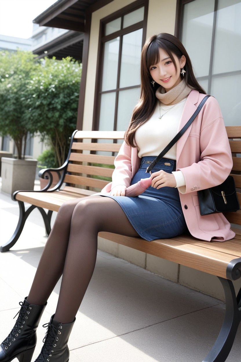 Dark Brown Leather Ankle Boots, Wearing Pink Wool Over Coat With Long Sleeve, Embarrassed Азиатское AI порно
