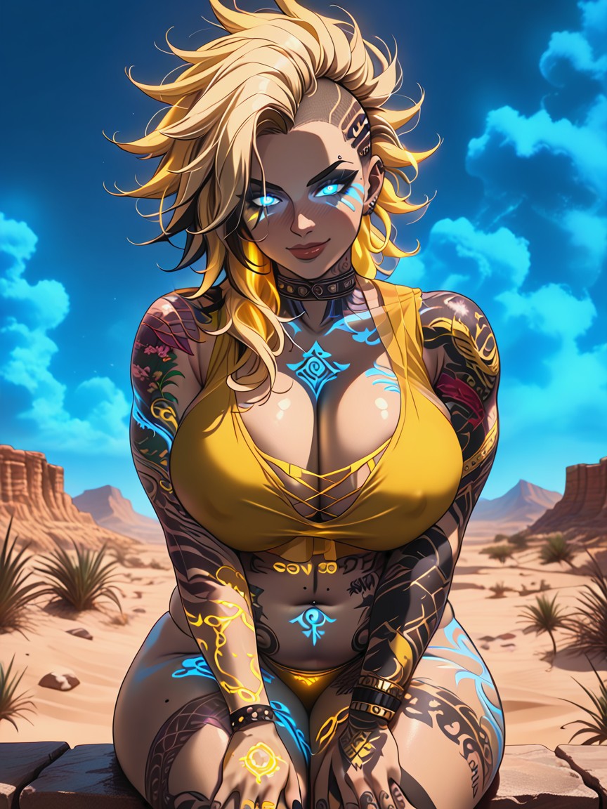 Glowing Yellow Tattoos, Yellow Undercut Spiked Hair, Excessive Tattoos Hentai AI Porn