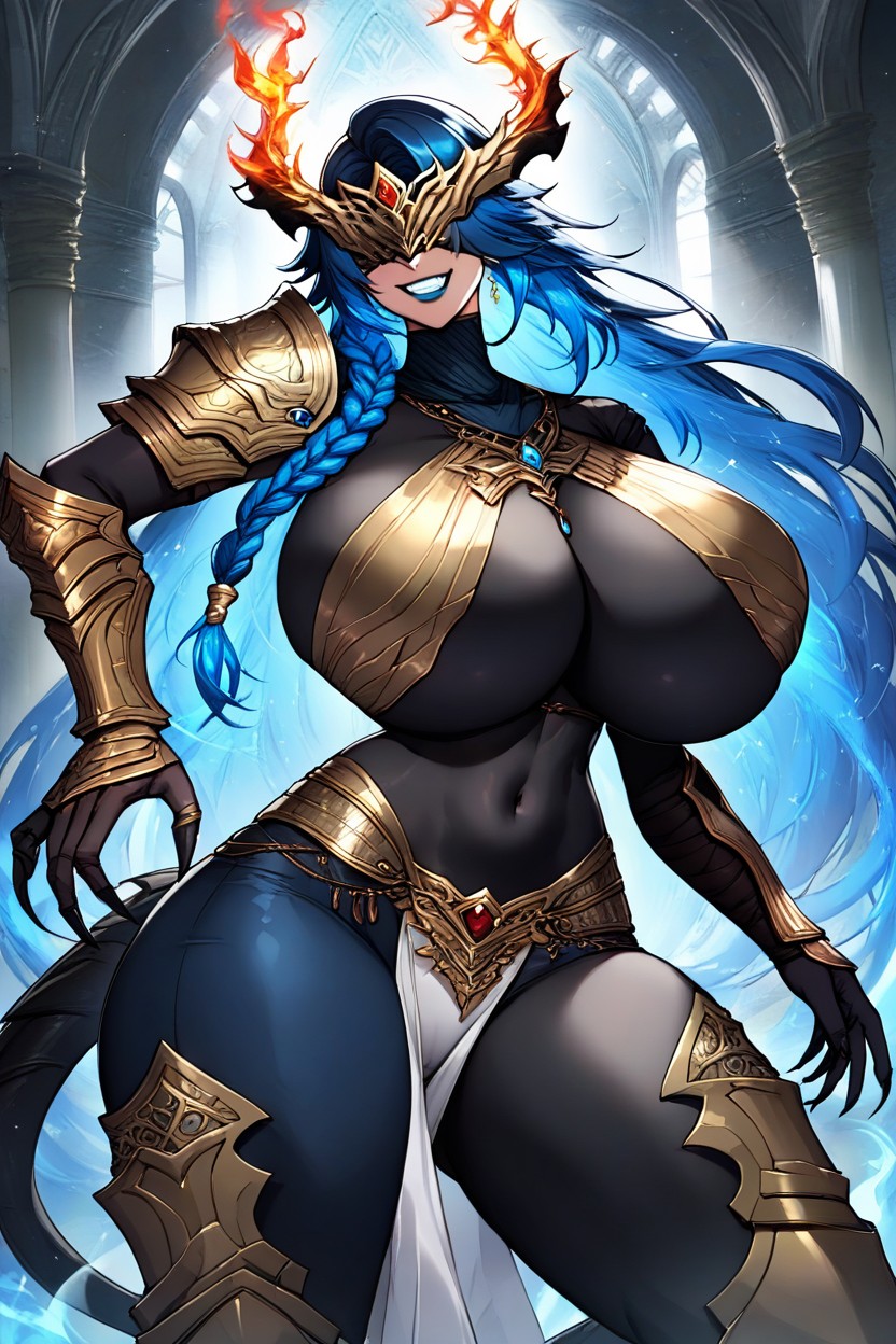 Black Mask With Blue Fiery Design Over Eyes, Gold Armor Gauntlets With Neon Blue Reverse Swords, Castorice AI Porn