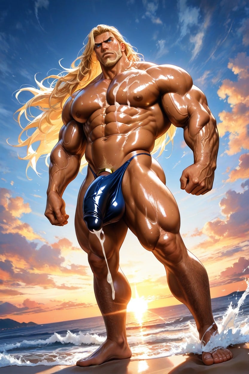 Painterly Texture, Excessively Blonde Hairy Body, Ocean Waves 게이 AI 포르노