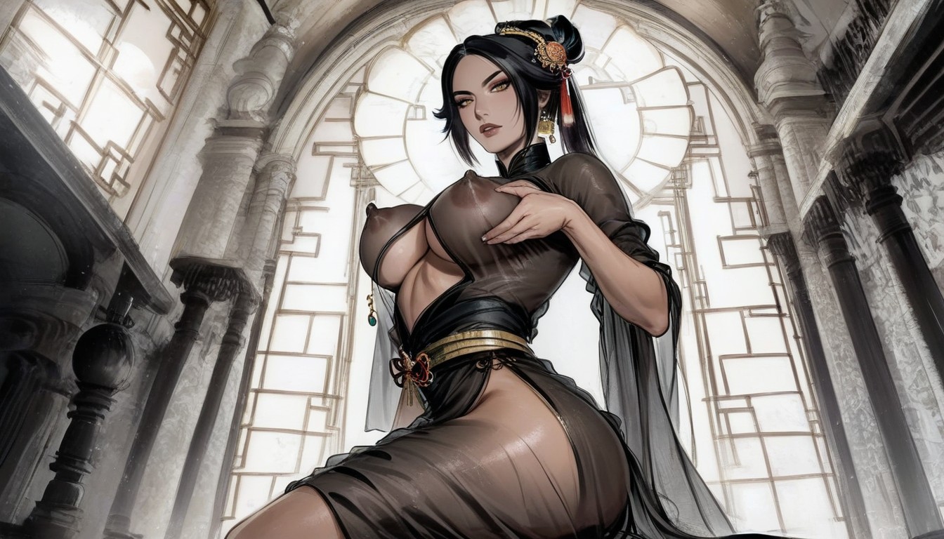 See-through Clothes, Bouncing Breasts, Black Medium Hair Hentai AI Porn