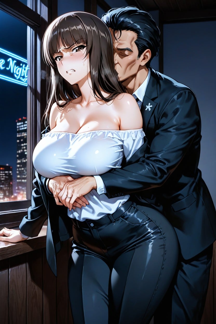 Off-the-shoulder, Neon, Dark Bedroom Hentai AI Porn