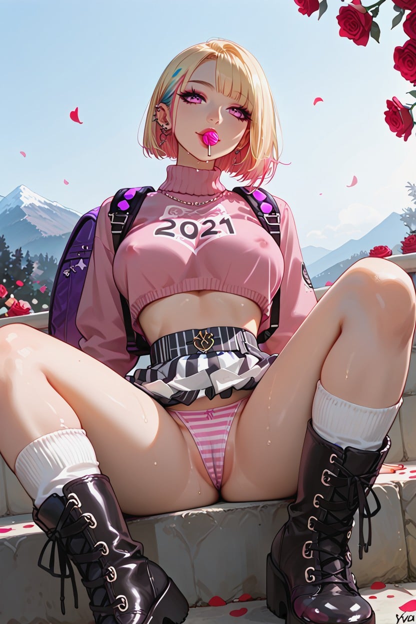 Pink Striped Thong Under Skirt, Blonde Wavy Bob Haircut With Pink And Blue Highlights, Petals In The Air Hentai AI Porn