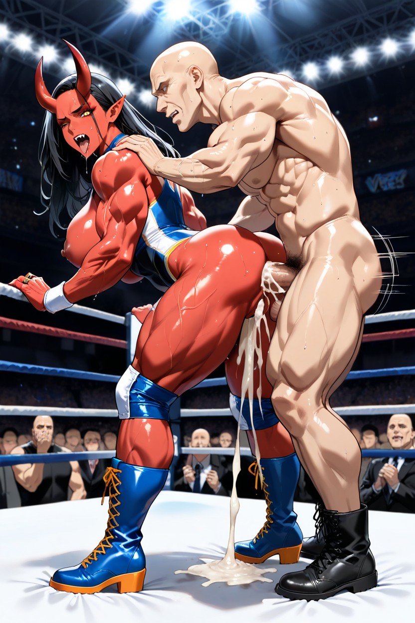 Large Breasts, Excessive Overflowing Cum From Pussy, Black Wrestling Bottoms Pulled Down Hentai AI Porn