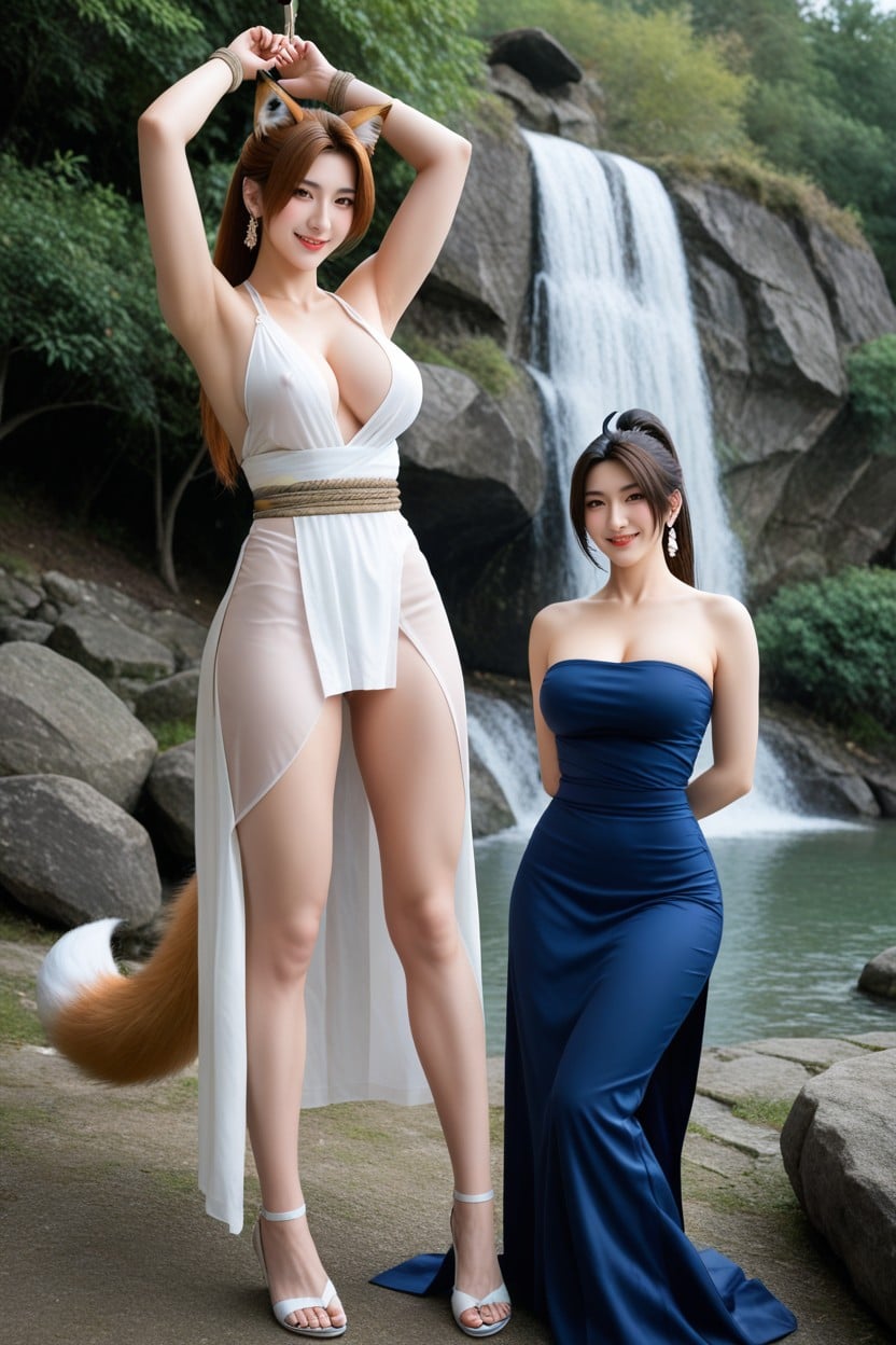 장난스런 얼굴, 팔 위로, But Are Completely Naked Underneath Their Breasts Are Of Moderate Size 아시아 AI 포르노