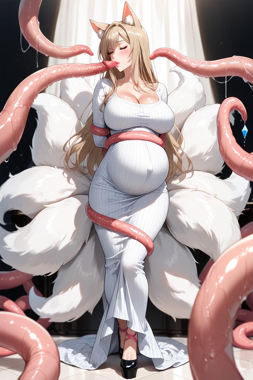 Closed Neck Dress, Ahri, Long-sleeved Dress Hentai AI Porn