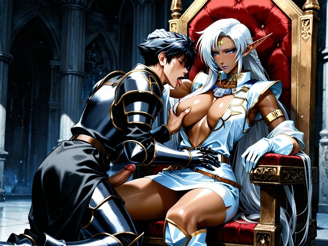 Blowjob, Kneeling In Front Of Man, Wearing A Black Gothic Full Plate Armour With Black Gauntlets And Greaves Hentai IA