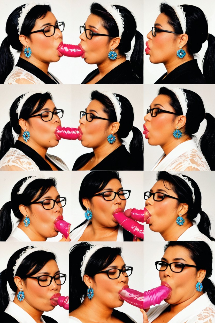 Looking At Viewer, Sucking Long Wide Colossal Dildo, Black Glasses BBW AI Porn