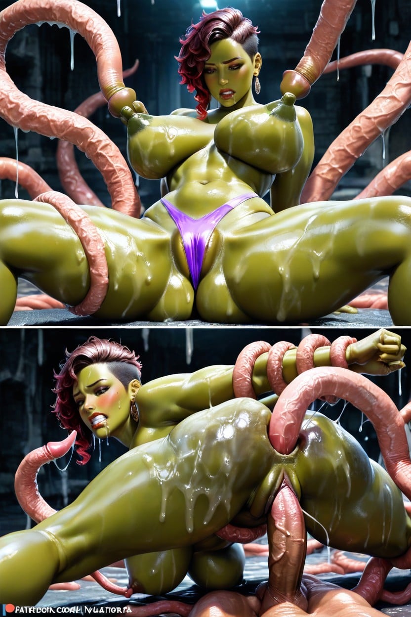 Big Lips, Dark Red Lipstick, Arms Held Back By Tentacles Pornografia de IA