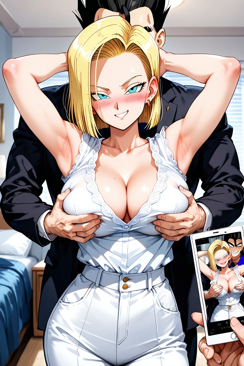 Happy, Waist Shot, Android Has One Hand On Her Hip Hentai AI Porn