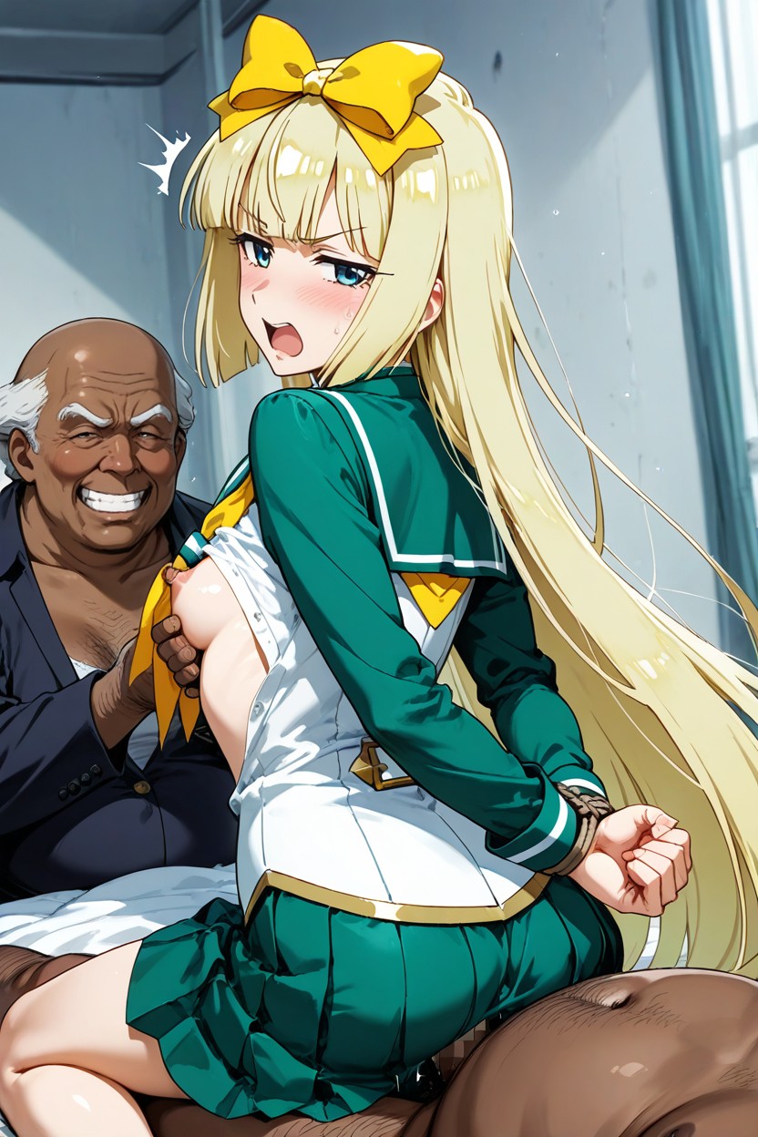 Skinny, Green Collar With Yellow Trim, Fitted Upper Garment Hentai AI Porn