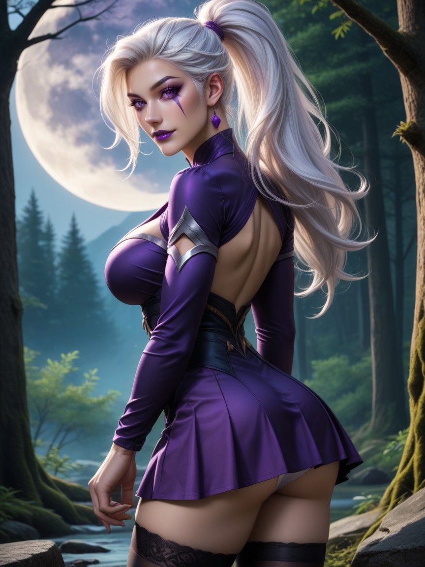 White Hair, Back View, Moon Hentai AI Porn
