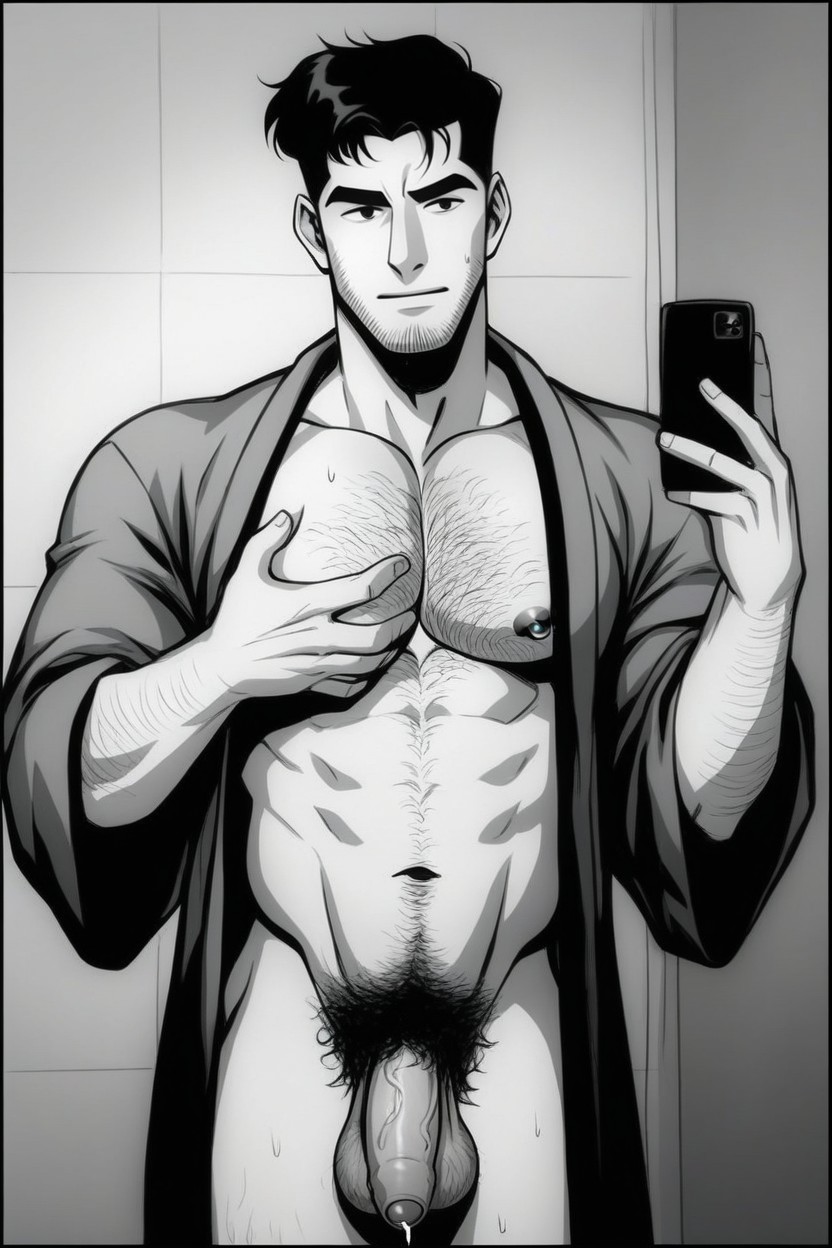 Bathrobe, Hairy Pecs, Bold Line AI Gay Porn