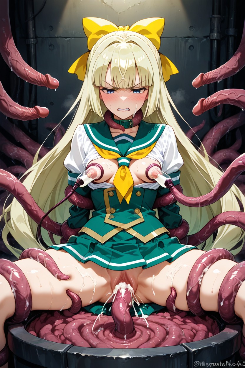 Pleated Green Skirt, Long Blonde Hair With Straight Bangs, Tentacles Grabbing Breast Hentai AI Porn