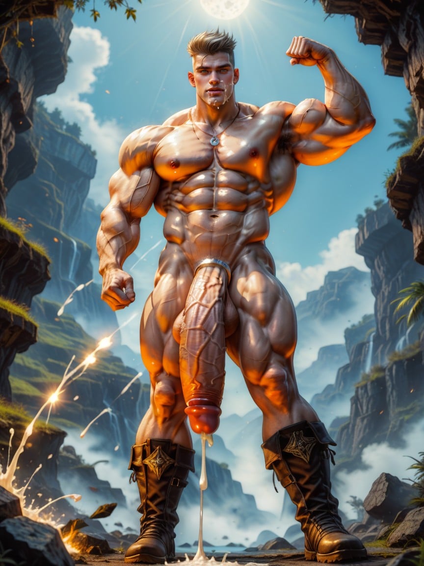 Silver Bold Necklace, Extremely Giant Growing Heavy Bulging Defined Plump Veiny Huge Hard Pecs, Front View AI Gay Porn