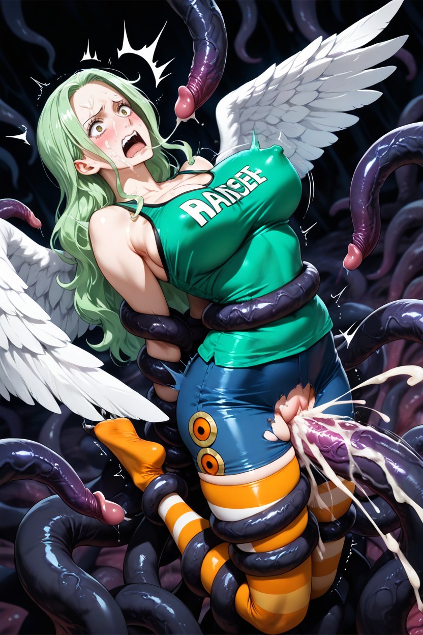 Erect Nipples, Human–bird Hybrid With Large Pale-green Feathered Wings, Striped Orange-and-yellow Thigh Stocking Hentai AI Porn