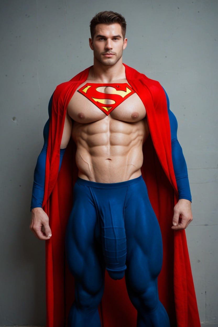 Fully Clothed Superman With Giant Bulge Outline Under Clothes, Photo Focus On Huge Crotch Bulge, Six Pack Abs AI Gay Porn