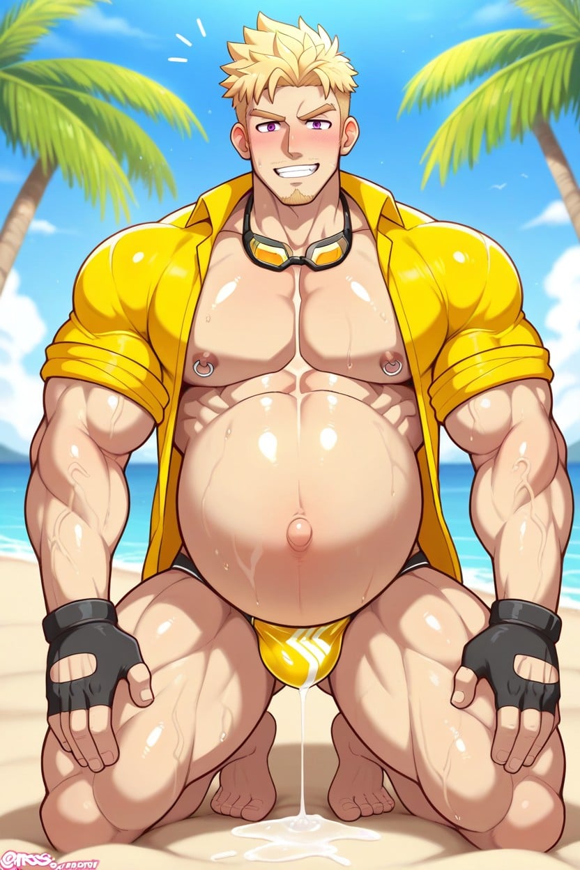 Belly Bulges, Kneeling Position On Sand, Musclé Porno IA Gay