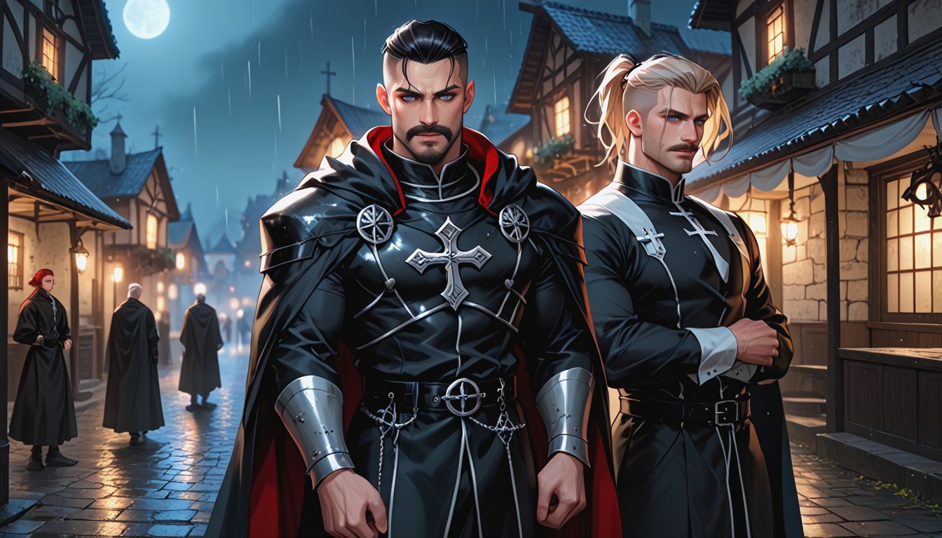 Middle Aged, Cross Embroidered On The Chest, Blurred Gothic Houses Hentai AI Porn
