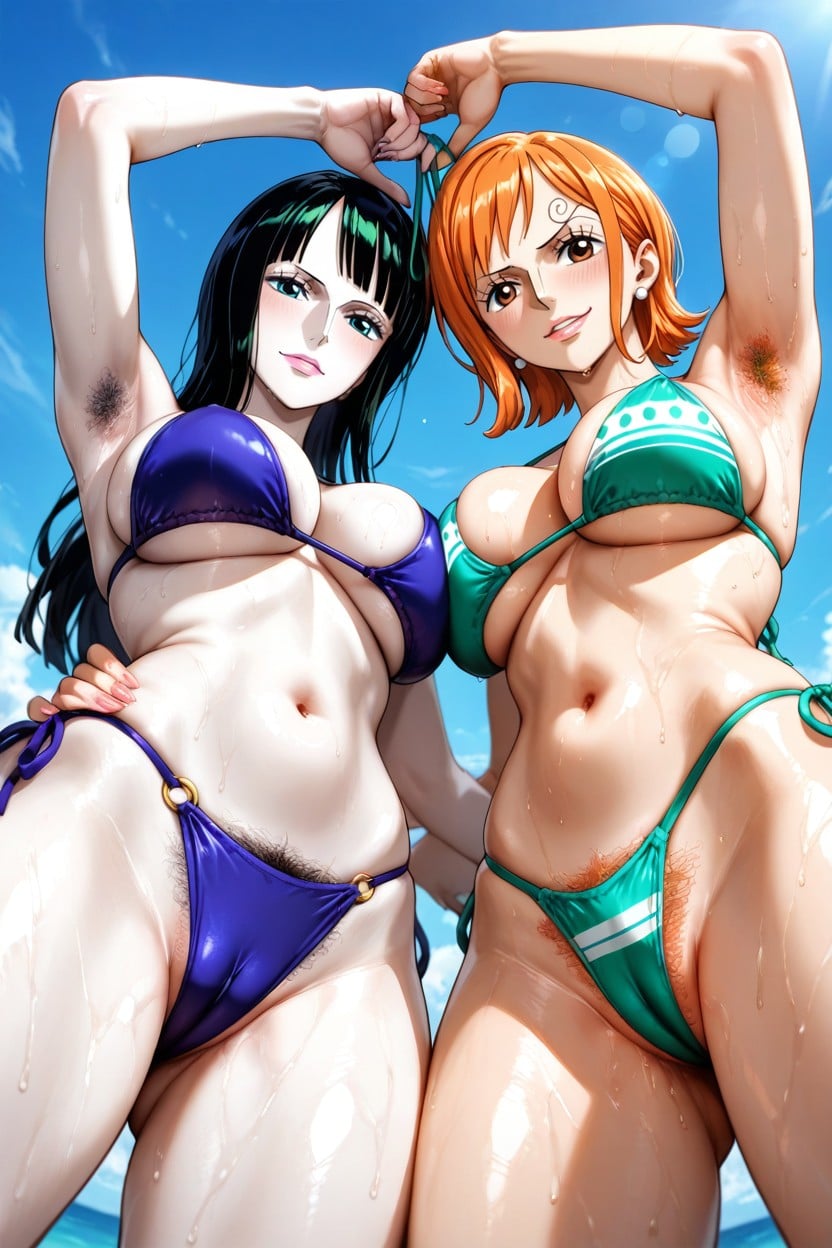 Looking Down, Armpit Hair, Pulling Bikini Straps Up Hentai AI Porn