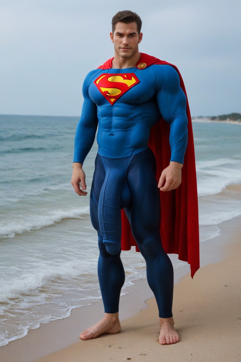 Man Smirking, Tight Clothing Covering Gigantic Colossal Bulge Hanging To His Ankles, Tir À La Taille Porno IA Gay