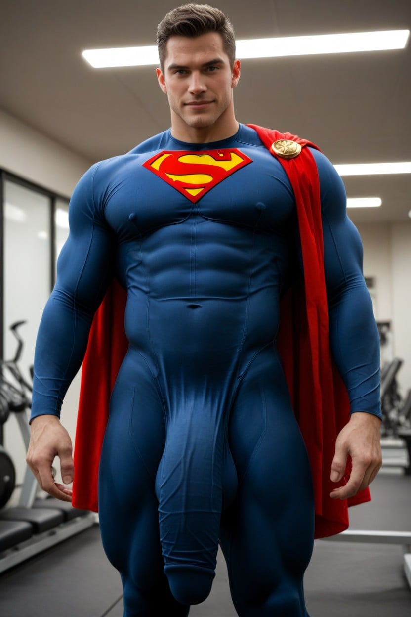 No Nudity, Superman's Tights With Huge Hyper Cock Bulge Hanging To His Ankles, Blue And Red Suit AI Gay Porn