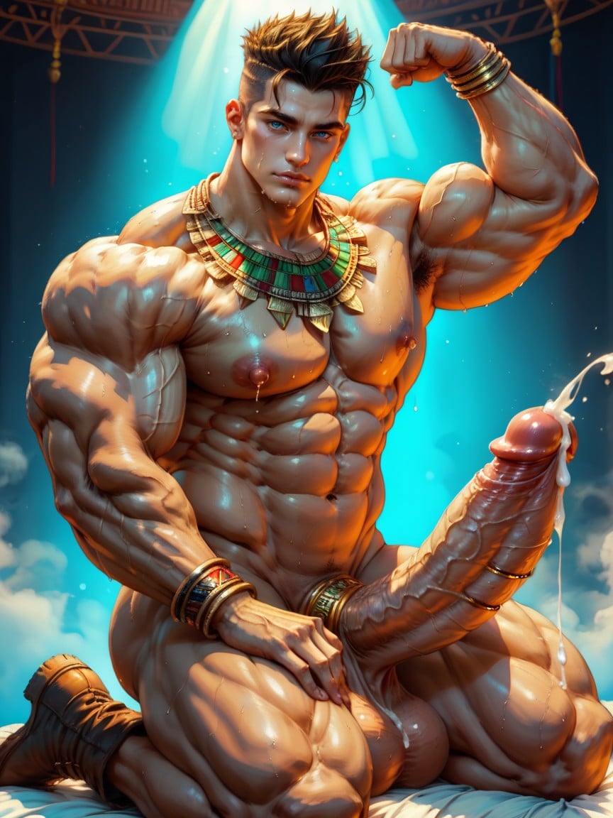 Ornate Heavy Exaggerated Aztec Style Necklace And Bracelets, Drooling, Beautiful Lighting AI Gay Porn
