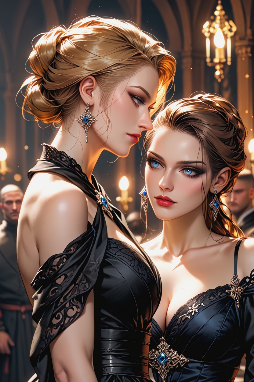 Steely Blue Eyes, Delicate Aristocratic Face, She Is Looking Into His Eyes Hentai AI Porn