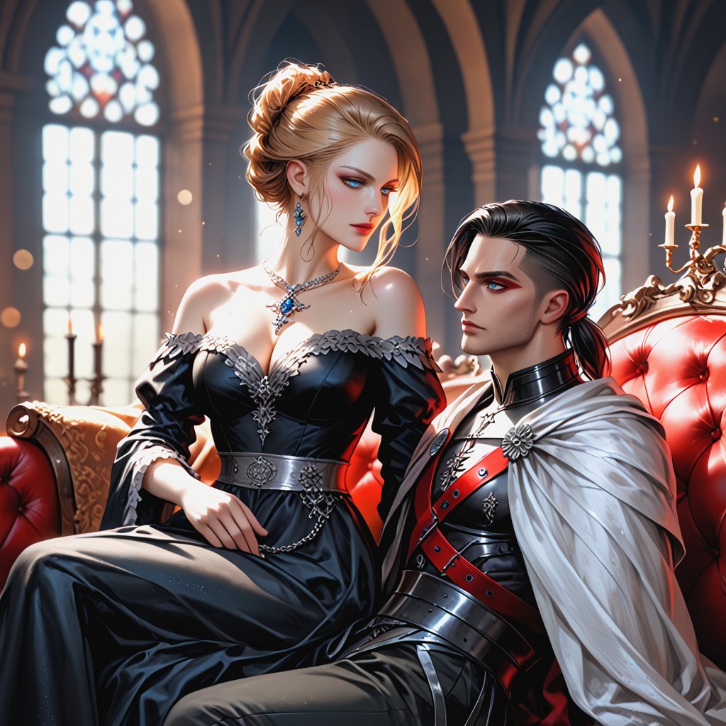 Carved Dark Medieval Wood, She Whisper To His Ear, Delicate Aristocratic Face Hentai AI Porn