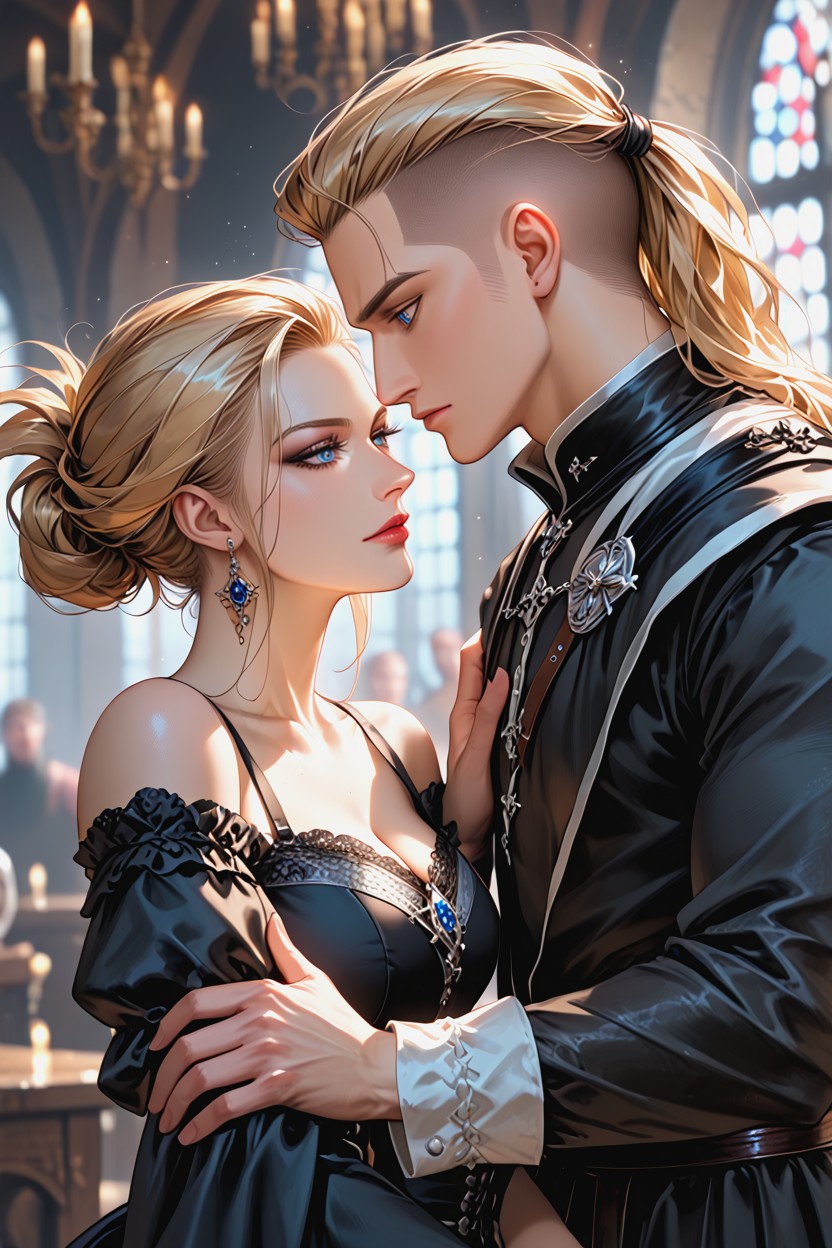 Standing Close, Medieval Gothic Interior, Porcelain Skin Hentai AI Porn