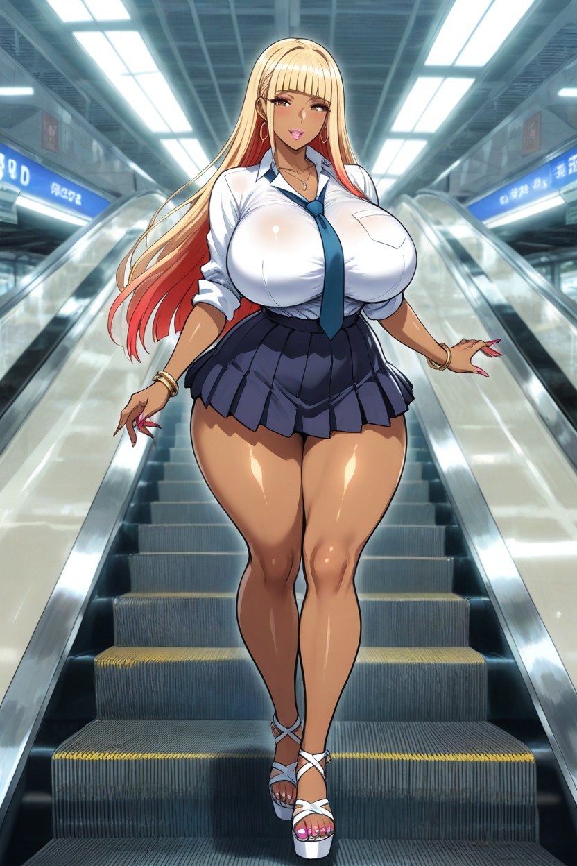 Grinning, Focus On Legs, Escalator Hentai AI Porn