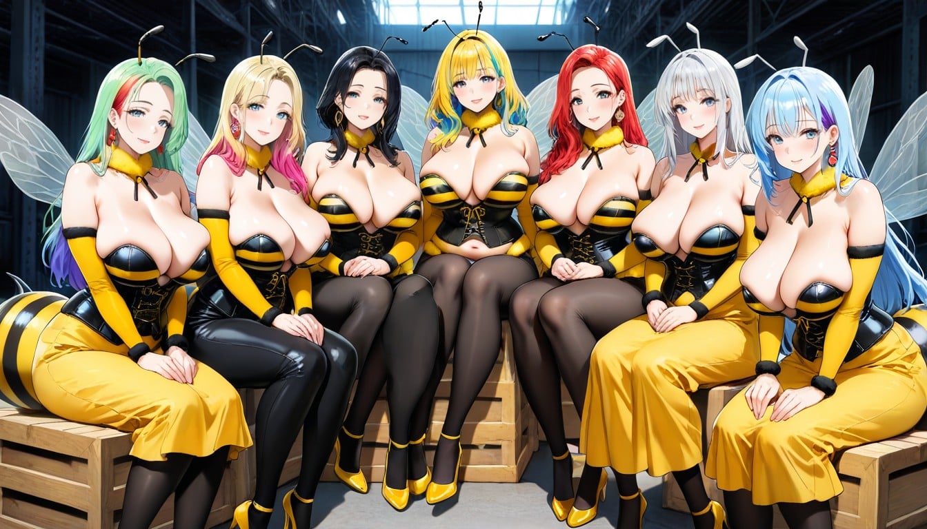 Upper Body View, Bee Women, All Women Wearing The Same Outfit AI Porn